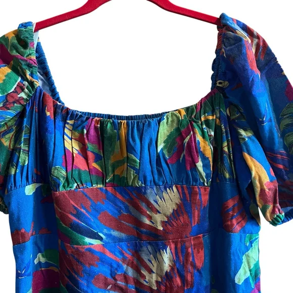 House of Harlow 1960 Large Tropical Parrot Linen Midi Dress Puff Sleeve Blue - Picture 3 of 11